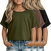LessonZoo 3 Pack Girl's Crop Tops Basic Short Sleeve T-Shirts Summer Oversized Crewneck Shirt Casual Loose Rolled Sleeve Tee