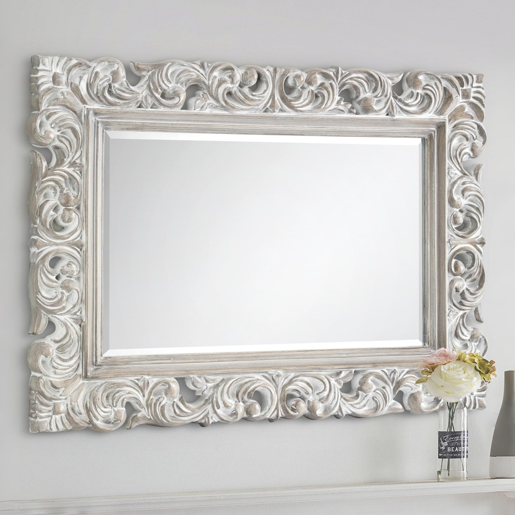 Julian Bowen Baroque Distressed Wall Mirror - Glass / Antique White Mirrors