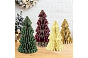 YEWFOLD 4 PCS Paper Christmas Tree 3D Honeycomb Ornaments Neutral Christmas Centerpiece Table Decorations for Home Office Kitchen Modern Holiday Decor (Multicolor)