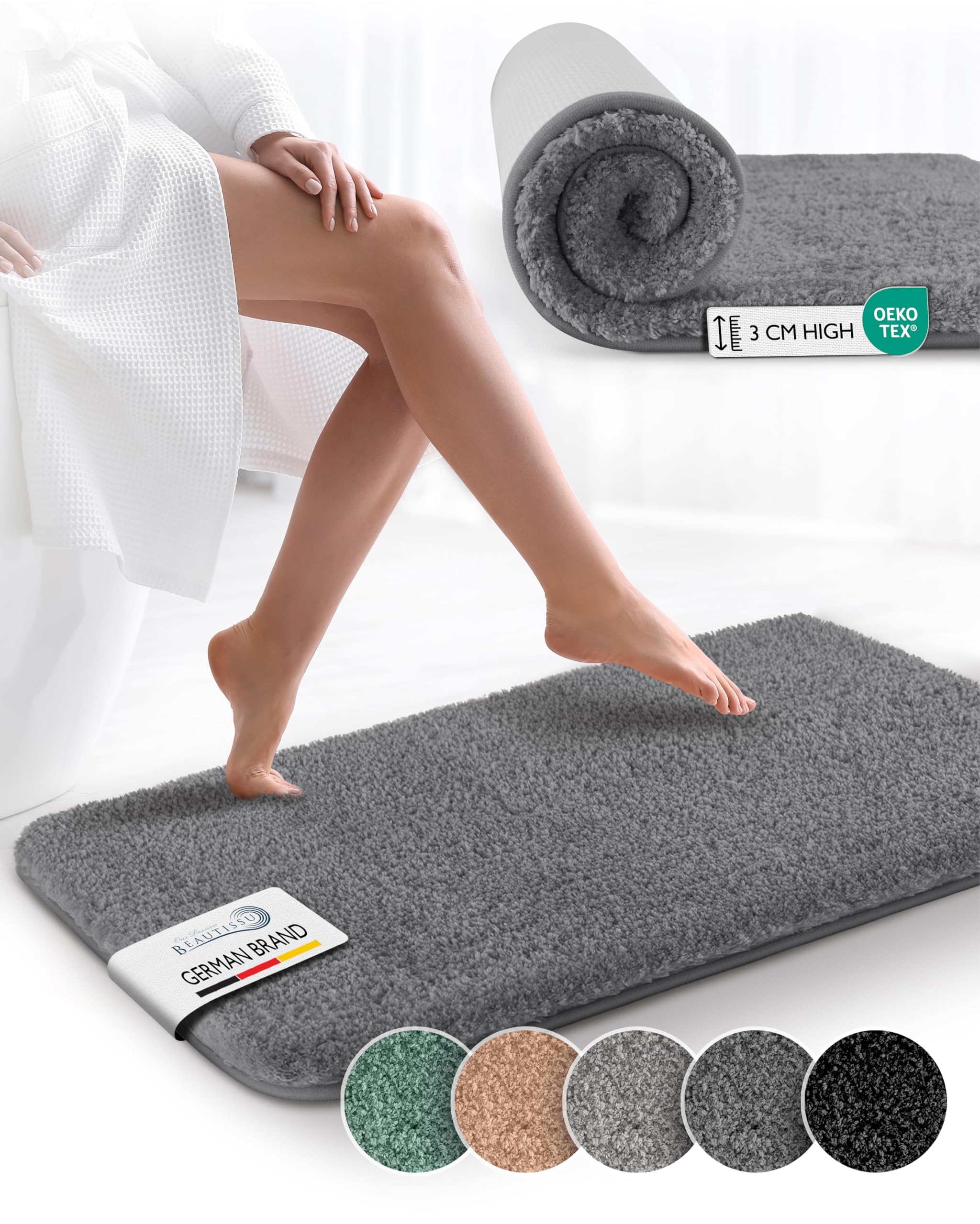 Beautissu Bath Mat 120x70 cm BeauMare FL Non Slip Shower Mat - Shaggy High Pile Rug Soft Microfibre Floor Mat for Shower, Bathtub and Toilette Suitable for Floor Heating – Anthracite