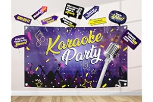 JAZZOO Karaoke Party Decoration Kit - includes Photography Backdrop & 10 Studio Selfie Photo Booth Props with Sticks - Music Disco Theme Studio Background Banner Birthday Supplies