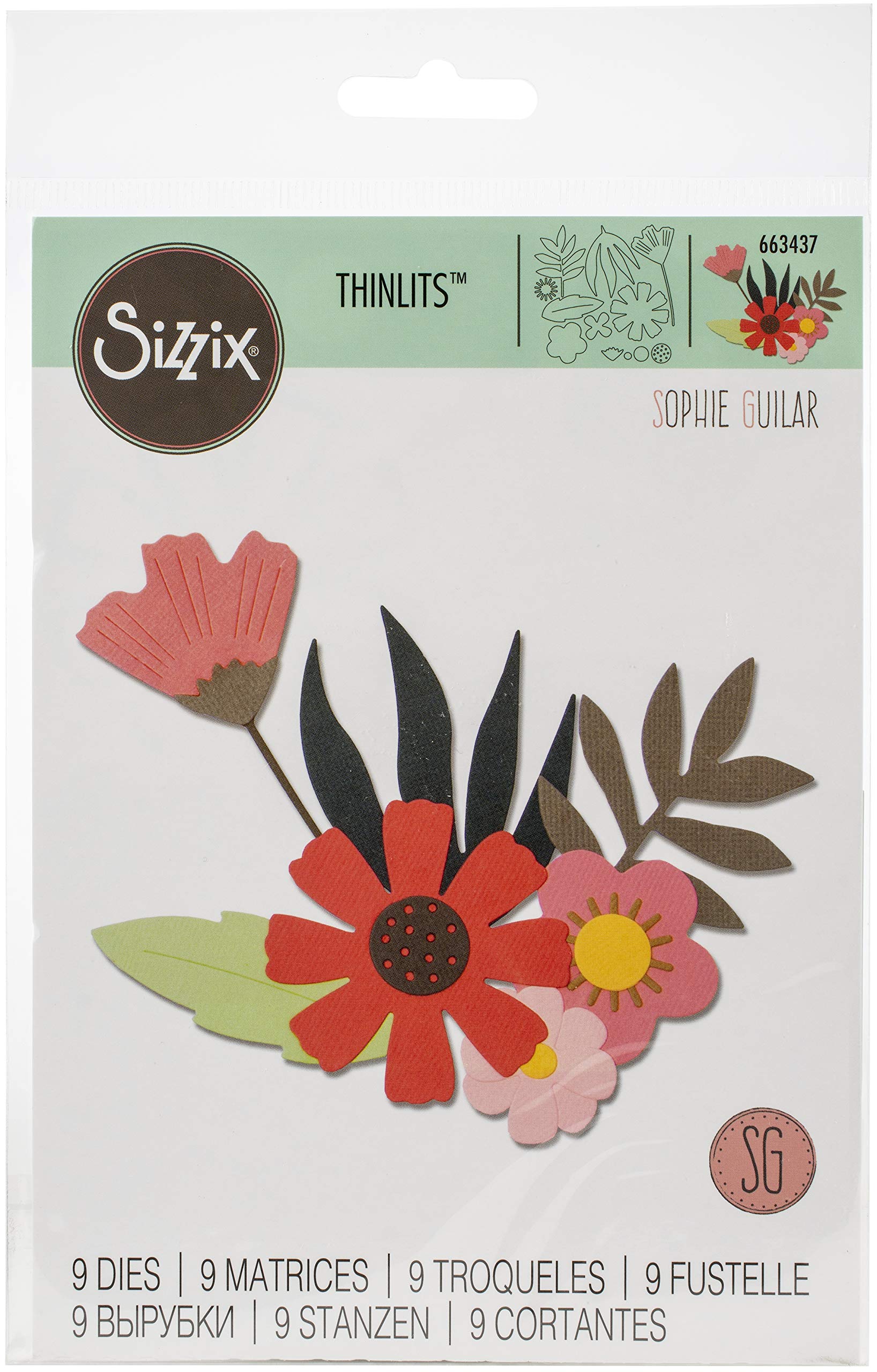 Sizzix Thinlits Die Set 9 Pack 663437 Free Style Florals by Sophie Guilar, One Size