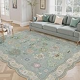 LORWER Oushak Area Rug for Living Room 5x7, Scalloped Blue Vintage Boho Floral Soft Carpet, Washable Low Pile Non Slip Rugs for Nursery Bedroom Dorm Dining Room