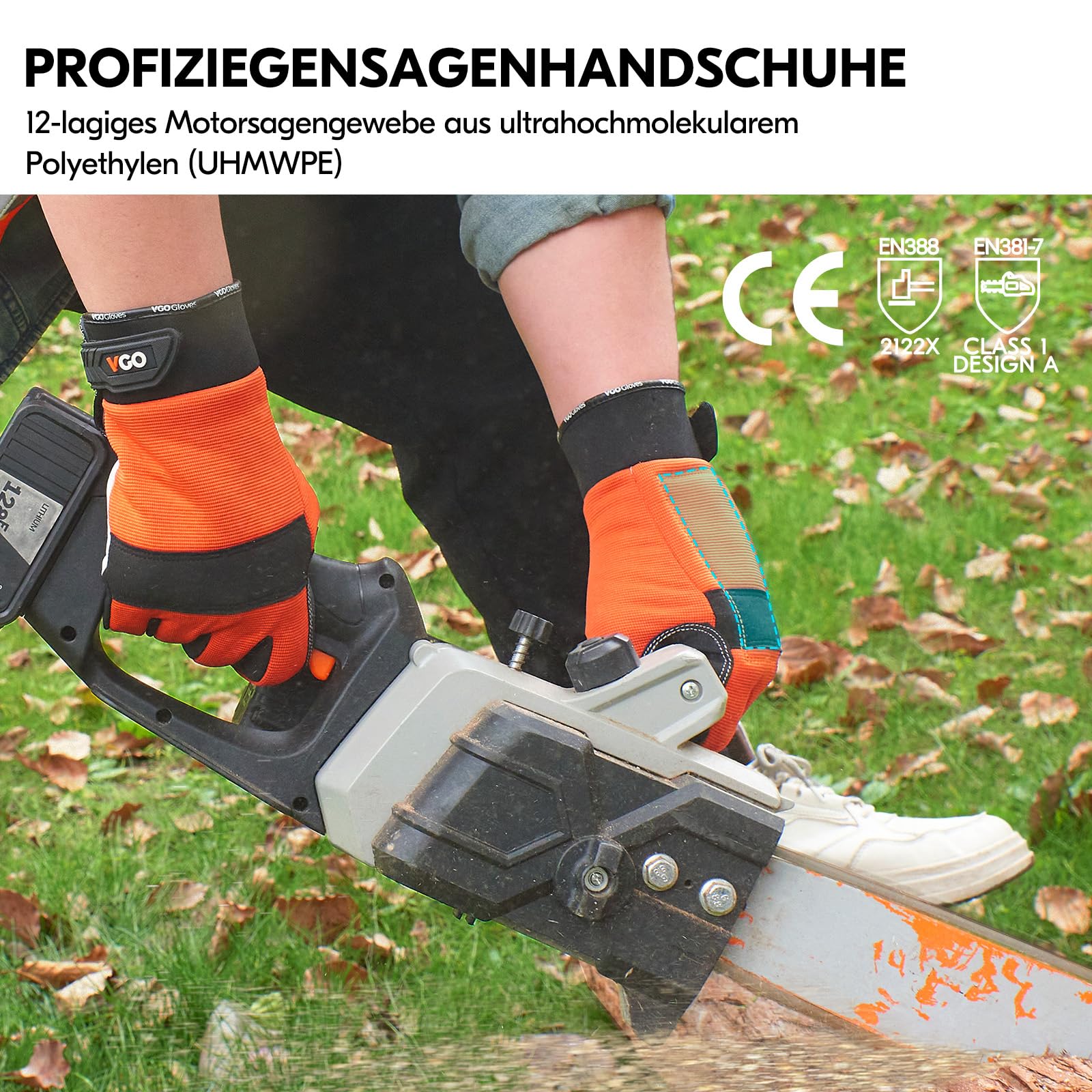Vgo... 1 Paar EN381-7, Klasse 1, 20m/s, Kettensägenschutzhandschuhe, Schnittschutz, hohe Schnittfestigkeit, Ziegenleder und PVC (GA8912) 3