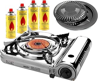Campingkocher Keramikkochfeld Infrarot Slim Edition Tragbarer Gaskocher RS-3500C Gasgrill Gasbrenner (Keramikkocher + Gill und 4 Kartuschen)