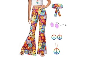 For G and PL Women's Halloween 5 Pcs Hippie Costume Pants Floral Bell Bottom Outfits