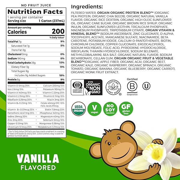 ORGAIN ORGANIC KIDS NUTRITIONAL VEGAN PROTEIN SHAKE, VANILLA – HEALTHY KIDS SNACKS, 8G PLANT PROTEIN, 3G FIBER, 23 VITAMINS & MINERALS, NO DAIRY & SOY INGREDIENTS, NON-GMO, 8 FL OZ (PACK OF 12)