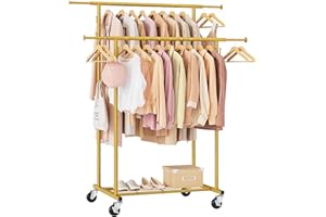 Gewudraw Double Rod Garment Rack, Heavy Duty Rolling Gold Clothes Rack with Wheels For Hanging Clothes,Portable Metal Clothing Rack with Shelves, 64.2inch Chrome