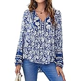 YUZIBAO Blouses for Women V Neck Long Sleeve Boho Tops Babydoll Shirts Floral Print Blouse