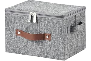 VinneGenzz Storage Bins with Zipper Lid Cotton Linen Fabric Lidded Storage Baskets Boxes Foldable Washable Closet Shelf Clothes Organizer Container with PU Leather Handles (Gray, Small Size)