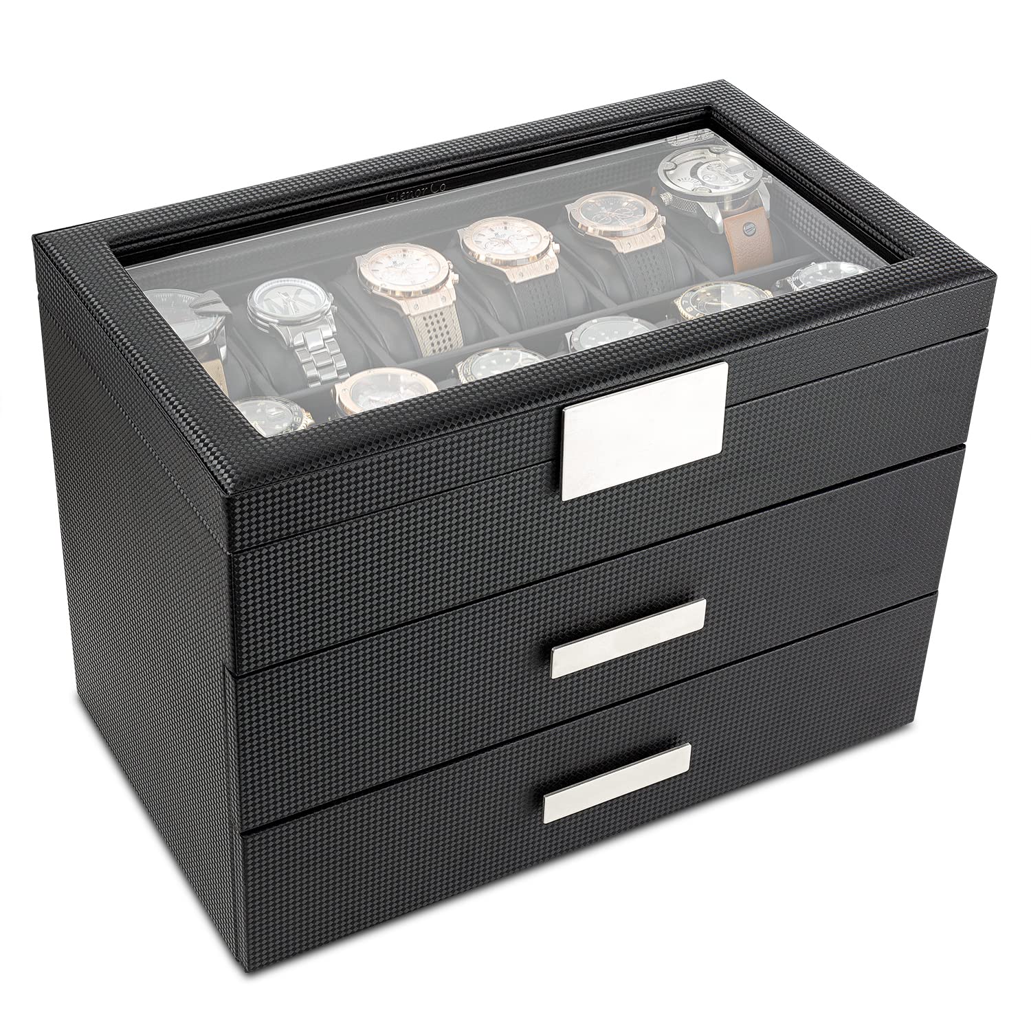 36 Slot Watch Box for Men - Mens Watch Case w Large Glass Lid, Luxury Carbon Fiber Design Mens Watch Box - Watch Holder for Men w Metal Accents & Sturdy Hinges, Watch Display Case Drawer &