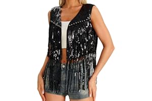 YGDSX Women's sequin Fringe Vest 70s Hippie Costume Tassel Sleeveless Cowgirl Western Costume Jacket Outerwear