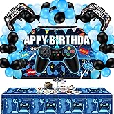 Skylety 34 Pieces Gamer Birthday Decorations Video Game Party Supplies Set Including Happy Birthday Gamer Backdrop, Table Covers, Multi-color Balloons and Foil Balloons for Game Party Decoration