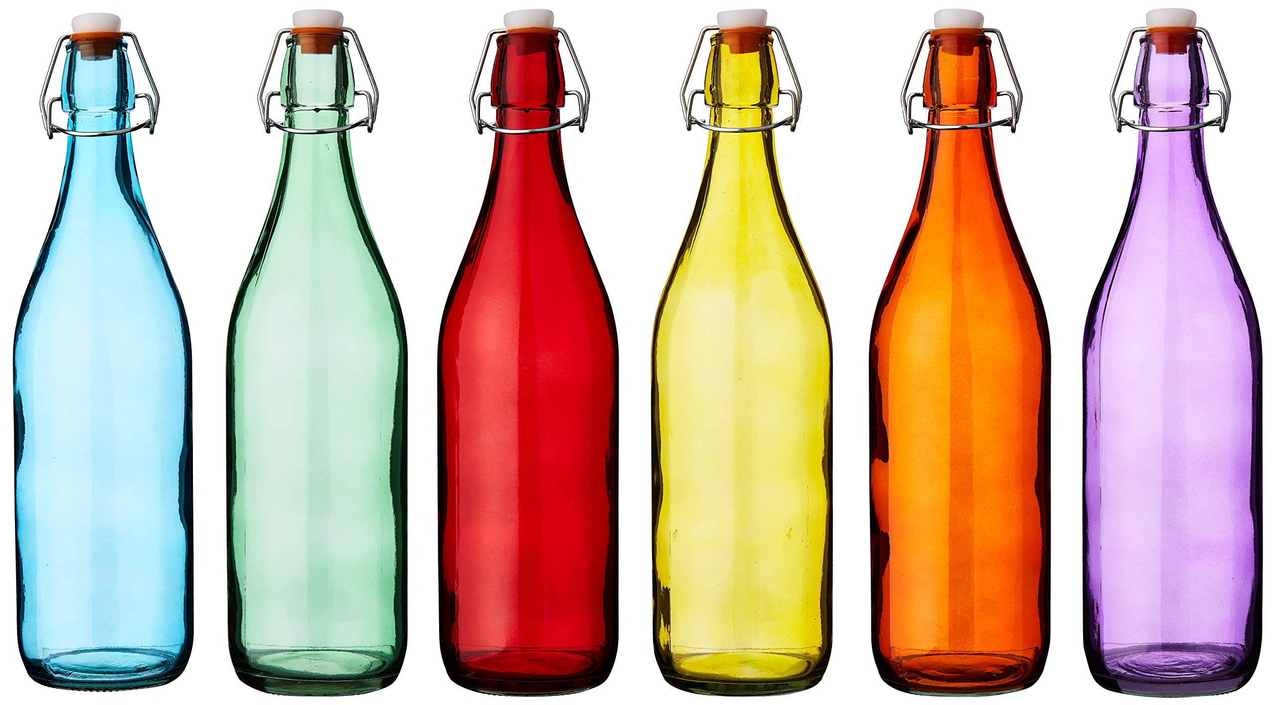 Bar@drinkstuff Colored Glass Swing Top Bottles 1 Litre - Set of 6 - Red, Blue, Orange, Green, Yellow, Purple Bottles