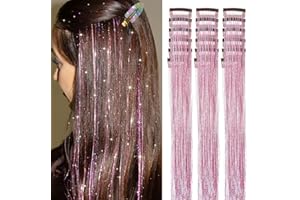 ShowJarlly Pink Hair Tinsel 18 Pcs Clip in Hair Tinsel Kit for Girls 20 Inch Glitter Hair Extensions Heat Resistant Colored Hair Extensions for Kids Clip Ins Festival Accessories for Women