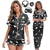 MEEYI Silk Satin Pajama Set for Women 3-piece Short Sleeve Pajama with Pants Ruffle Shorts Cute Pj Set Button Down Sleepwear