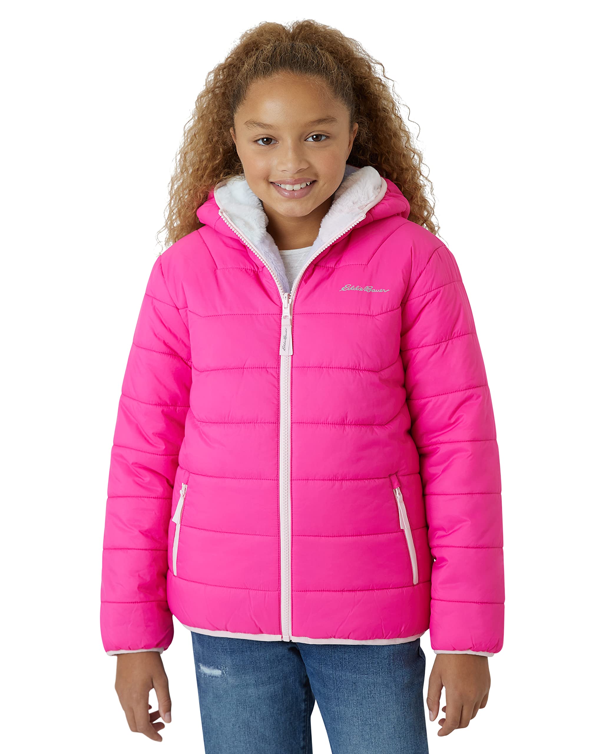Eddie Bauer Girls' Reversible Jacket - Deer Harbor Waterproof Lightweight Puffer Coat with Faux Shearling Lining (5-20), Size 18-20, Magenta Image