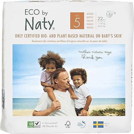 Eco by Naty Premium Bio-Windeln für empfindliche Haut, Größe 5, 11-25 kg, 6 Packungen à 22 Stück (132 Stück insgesamt), weiß