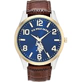 U.S. Polo Assn. Men's Analog Dress Watch with Blue Sunray Dial Gold-Tone Bezel and Brown Faux Leather Strap &ndash; Classic Quartz Timepiece Includes Box Fits Wrists 5.5"-8"