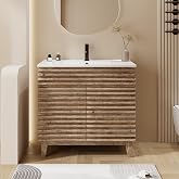 eclife 36" Bathroom Vanity with Sink Combo, Mid-Century Freestanding Cabinet with Wood Stripes Decor, Adjustable Shelf, Undermount White Single Sink Faucet Drain, Light Walnut