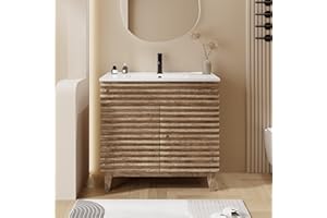 eclife 36" Bathroom Vanity with Sink Combo Mid-Century Freestanding Cabinet with Wood Stripes Decor, Adjustable Shelf, Undermount Sink Faucet Drain, Light Walnut