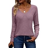 Zeagoo Womens Sweaters Fall Trendy Casual Long Sleeve Shirt Lightweight V Neck Off Shoulder Crochet Pullover Top Outfit