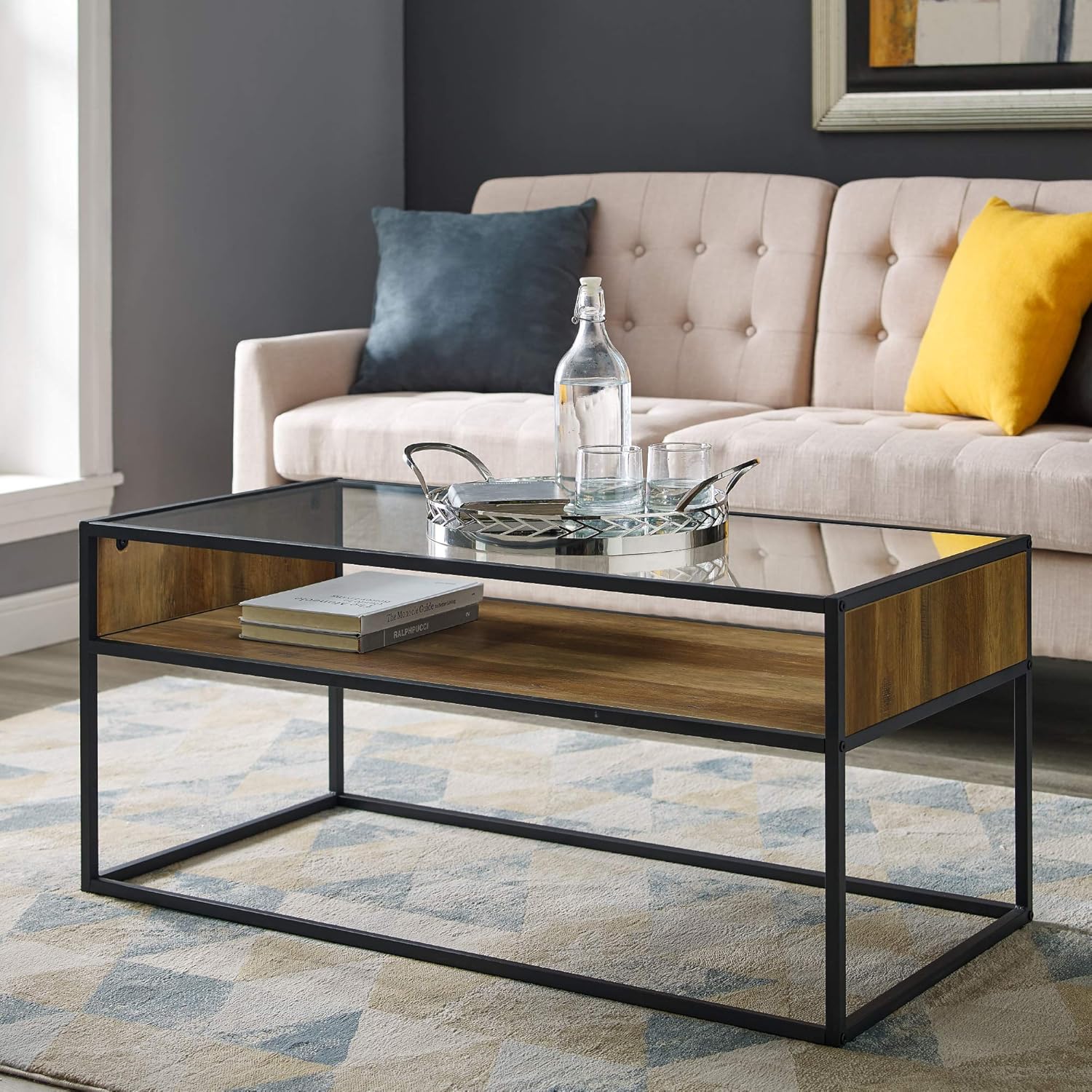 Walker Edison Industrial Modern Wood Rectangle Open Shelf Coffee Table Living Room Accent Ottoman Storage Shelf 40 Inch, Reclaimed Barnwood Brown