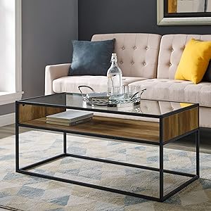 Walker Edison Industrial Modern Wood Rectangle Open Shelf Coffee Table Living Room Accent Ottoman Storage Shelf 40 Inch, Reclaimed Barnwood Brown