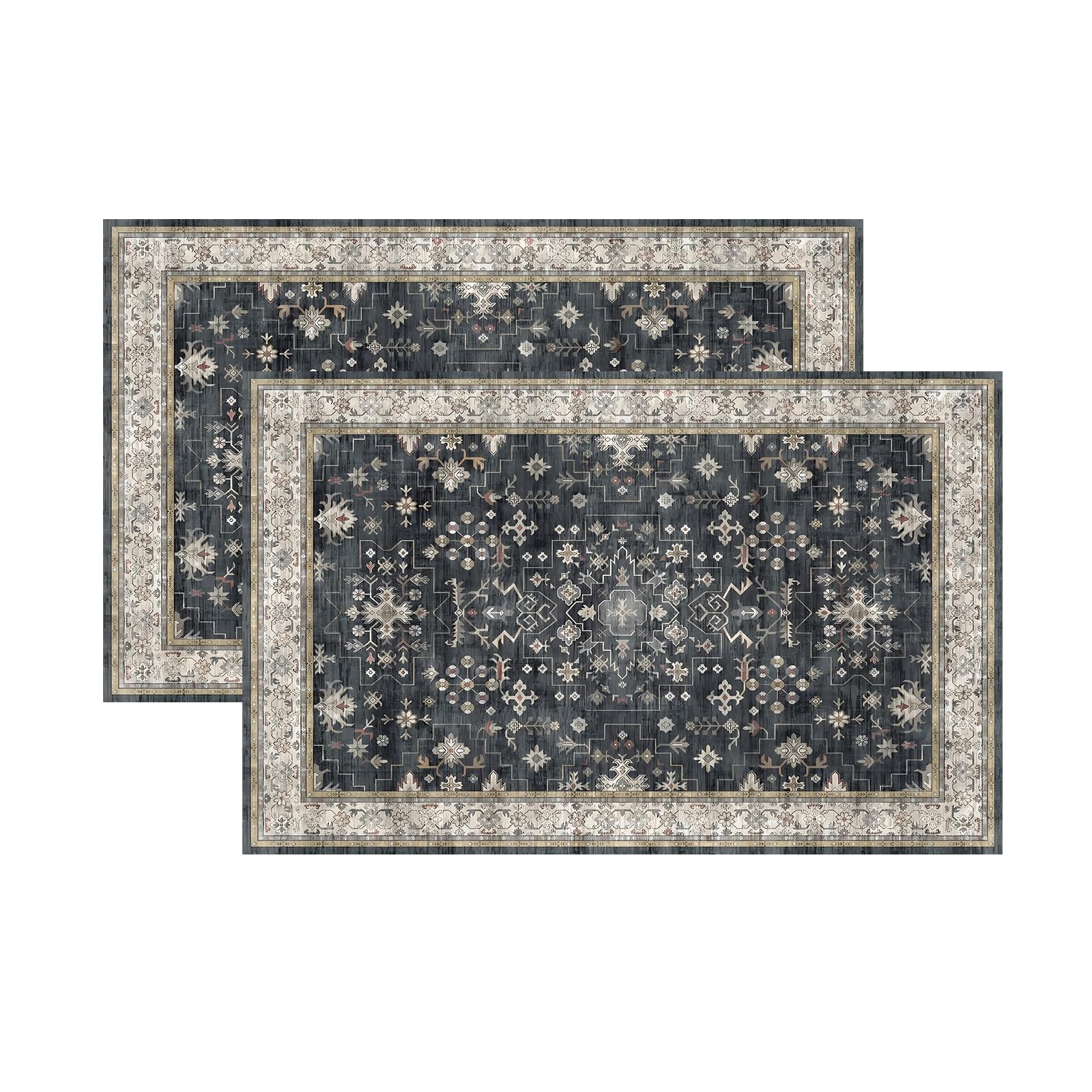 Photo 1 of 2 Pcs Black Boho Washable Entry Rug, 18" x 30"Small Rugs for Entryway Kitchen Bathroom Door Mat Indoor Entrance, Non Slip Rubber Backing, Stain & Fade Resistant, Ashen Charcoal Floral Design(Ashen)