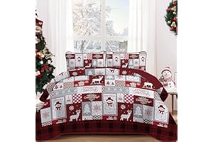 Christmas Quilt Queen Size Bedding Set with 2 Pillow Shams, Christmas Plaid Patchwork Bedspread Holiday Red Soft Lightweight 