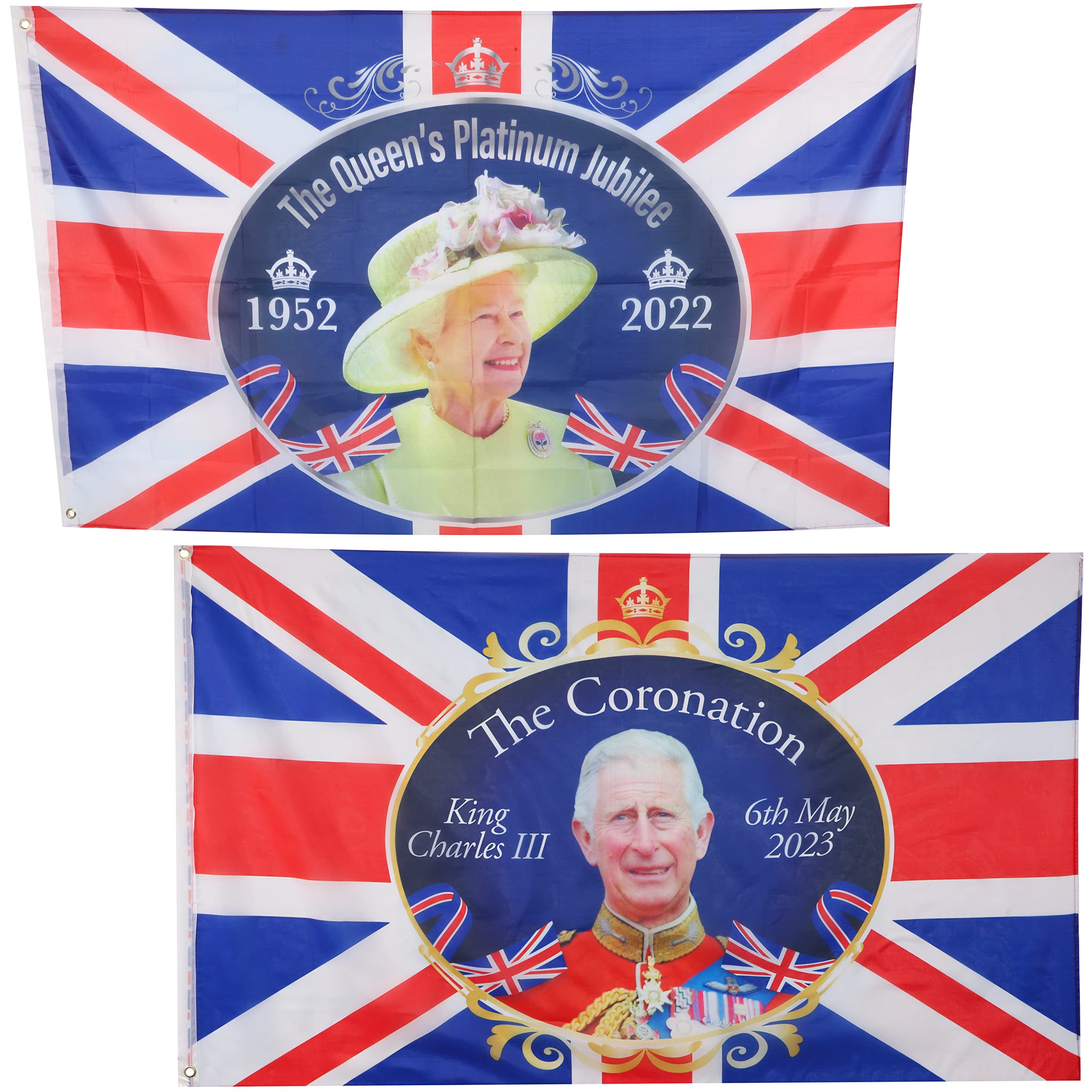 Toyland® Pack of 2-5ft X 3ft (150cm X 91cm) Royal Family Souvenir Flags - Queen Elizabeth II Platinum Jubilee Flag & King Charles III Coronation Flag – Union Jack British Decorations