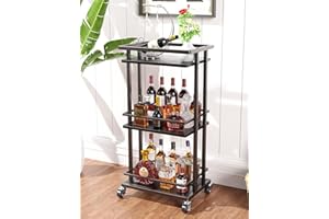 OKZEST 3 Tier Bar Cart for Home, Rolling Mini Liquor Bar for Wine Beverage Dinner Party, Utility Kitchen Storage Island Serving Cart on Wheels, Coffee Bar Cabinet for Kitchen Dining Living Room, Black