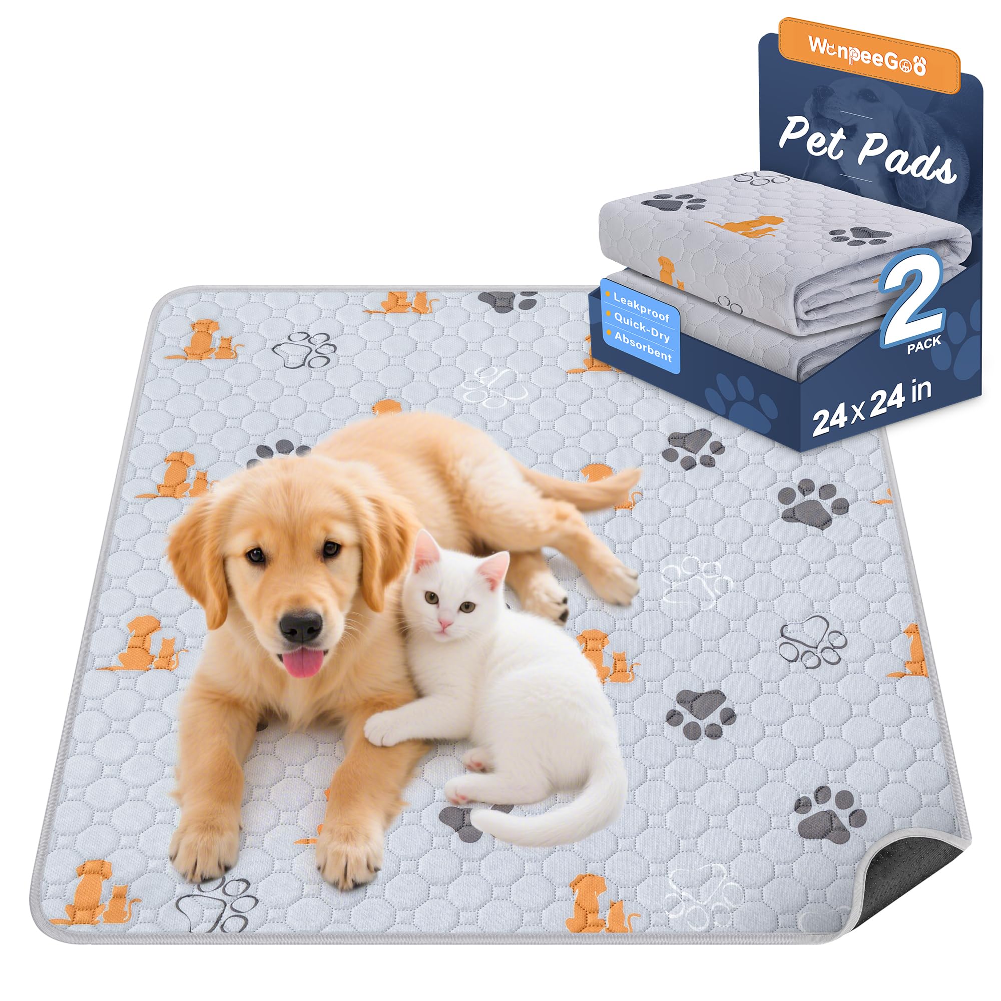 Photo 1 of WanpeeGoo Washable Pee Pads for Dogs, 2 Pack Absorbent Reusable Training Dog Pads Pet Puppy Pads, Non-Slip Potty Pads for Whelping, Playpen, Crate, Bed, Orange, 24"x24"