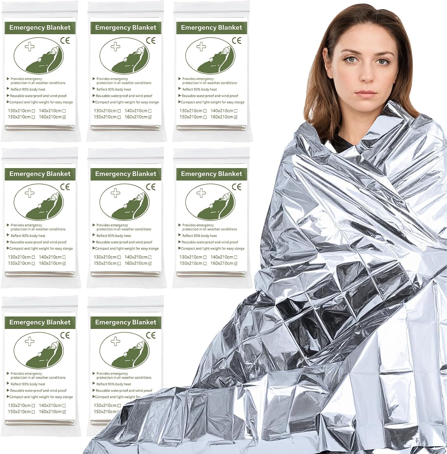 ougist 8 Pack Emergency Survival Blankets, 63x83in Mylar Space Blanket - Thermal Reflective Foil Blankets for First Aid Kit, Camping Essentials, Marathon, Hiking, Earthquake Emergency Supplies