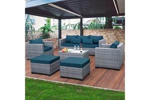 Lviden 6 Pieces Wicker Patio Furniture Sets Outdoor Conversation Set PE Rattan Sectional Sofa Couch with Storage Table and Peacock Blue Cushions