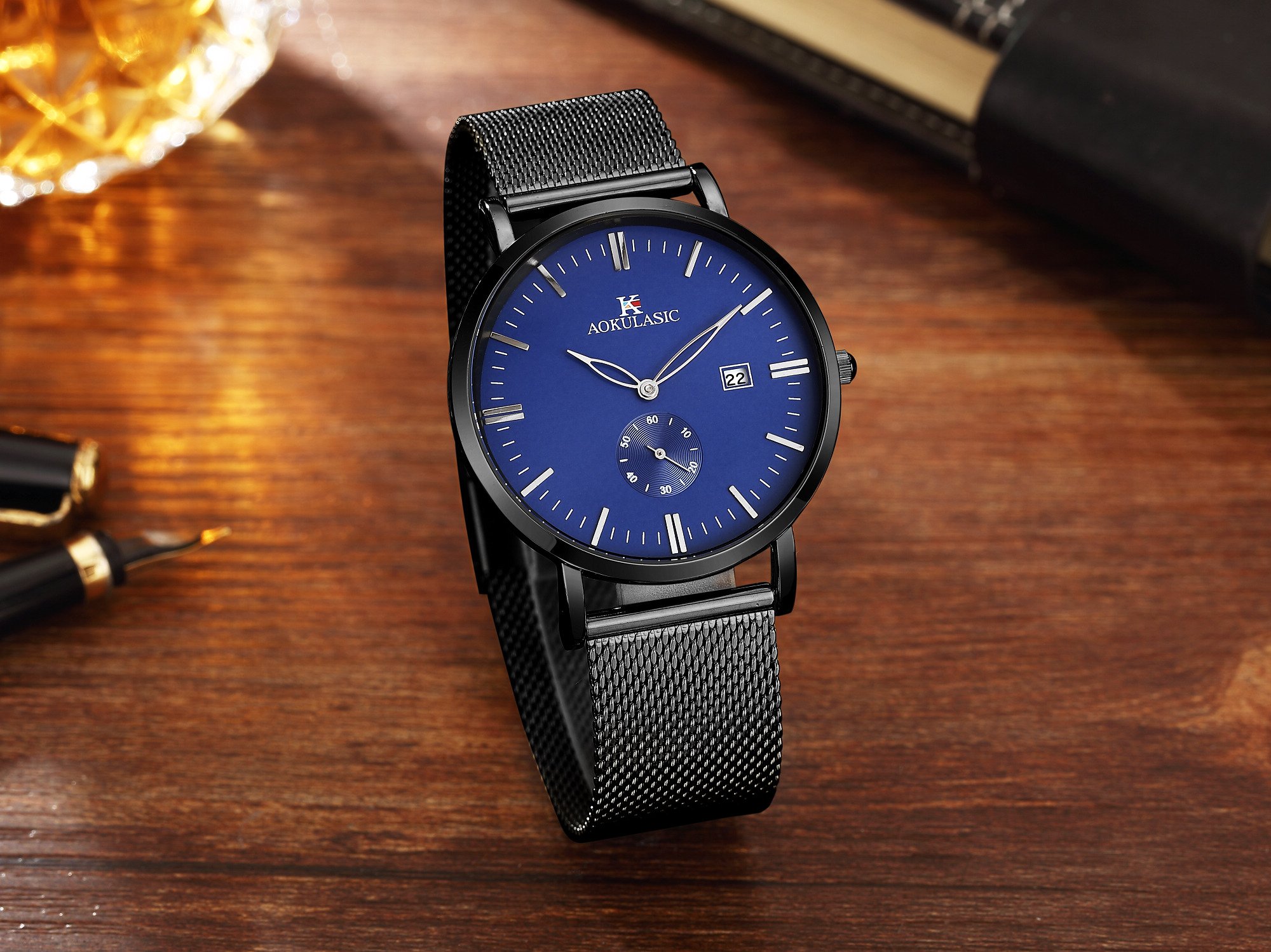 AOKULASIC Mens Fashion Fecha Analógica Cuarzo Resistente al Agua muñeca Reloj con Especial Segunda Sub Dial. (Azul Negro)