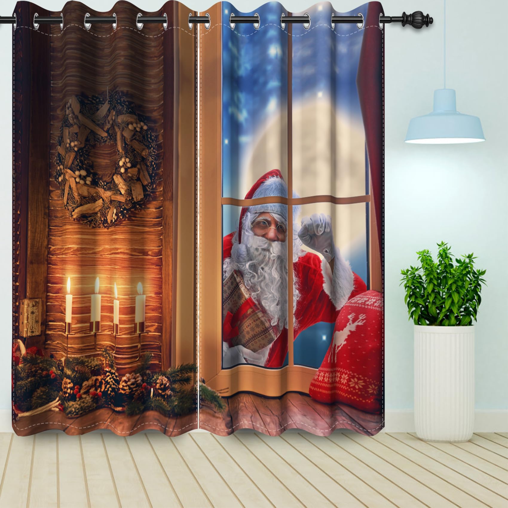 Bovlleetd Brown Christmas Blackout Curtains Santa Claus Knocks the Door Theme Candle Fireplace Window Treatment for Living Room Bedroom Blackout Curtains 2 Pieces 55Wx96H