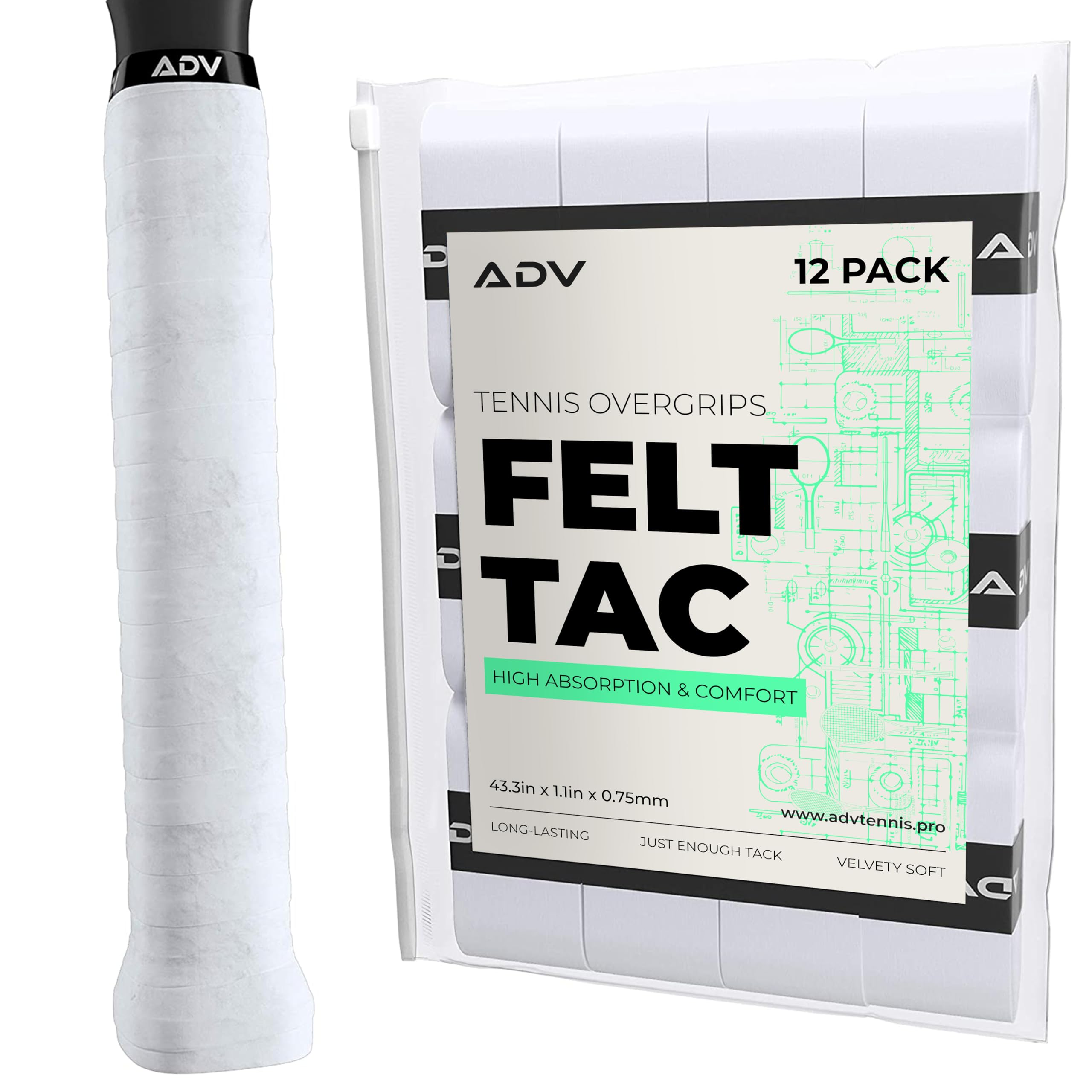 ADV Tennis Dry Overgrip - 12 Pack - Ultra Absorbent Grip Tape with Exclusive FeltTac Material for High Velvety Comfort - Pro Tested & Designed (White, 12 Pack)