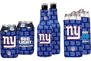 Bud Light & NFL Licensed New York Giants Premium Insulated Neoprene Koozy Cover Set, 2 Can/2 Seltzer/2 Bottle - Easy On & Foldable for 12 Ounce Drinks - 2 Sided Design - Great Holiday Gift