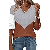 Zeagoo Womens V Neck Sweaters Shirts Long Sleeve Lightweight Ribbed Knit Pullover Sweater Blouse Tops with Buttons Oufits