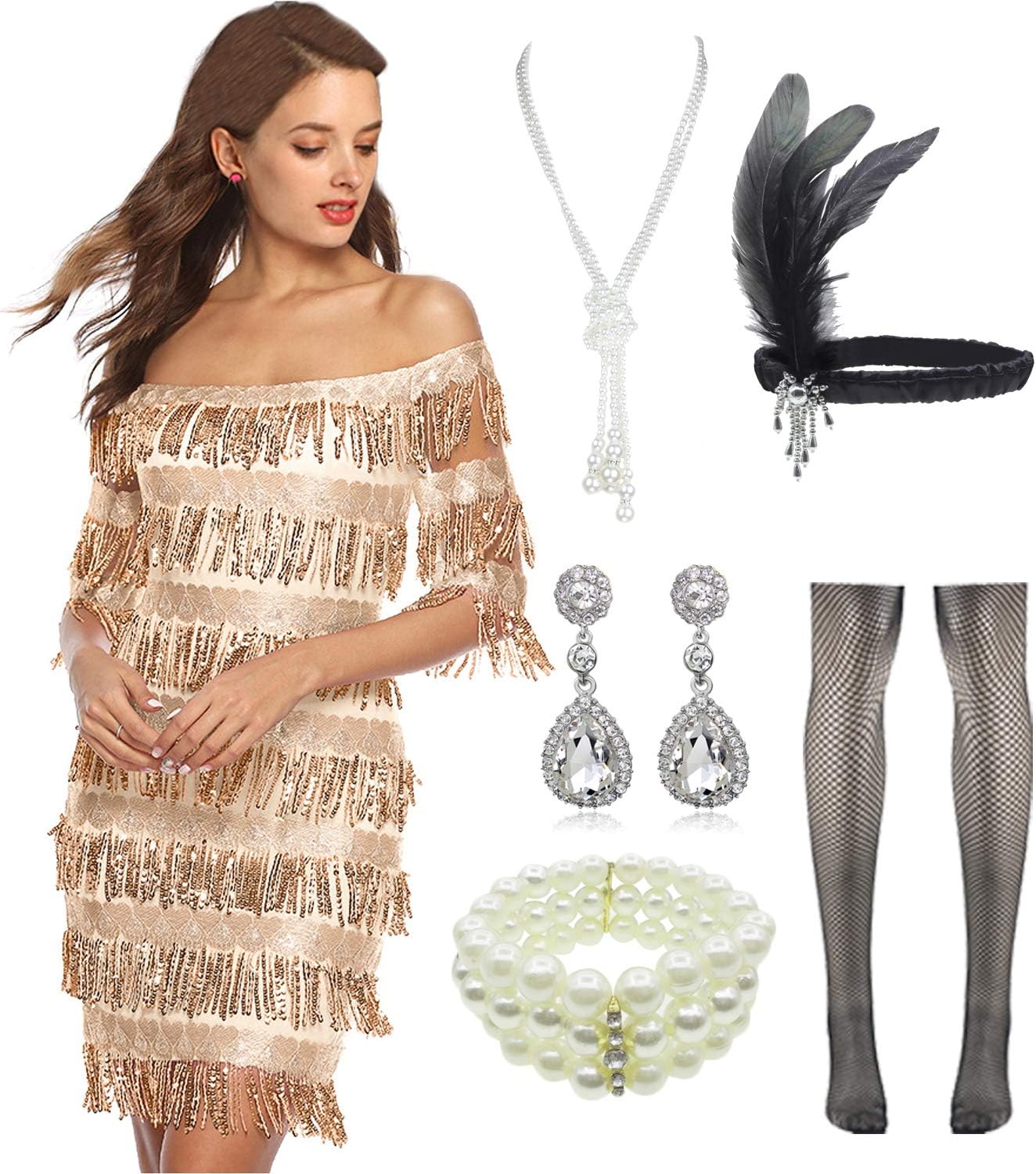 Women 1920s Off Shoulder Fringe Sequin Cocktail Prom Dress with 20s Gatsby Accessories Set