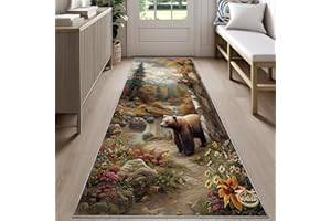 Cabin Bear Runner Rug 2.6x7ft, Rustic Mountain Lodge Rug, Brown Bear Runners Rug, Soft Non Slip Washable Runner Mat - Retro C