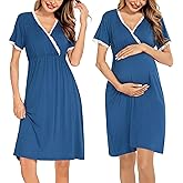 SWOMOG Women 3 in 1 Delivery/Labor/Nursing Nightgown Short Sleeve Pleated Maternity Sleepwear for Breastfeeding