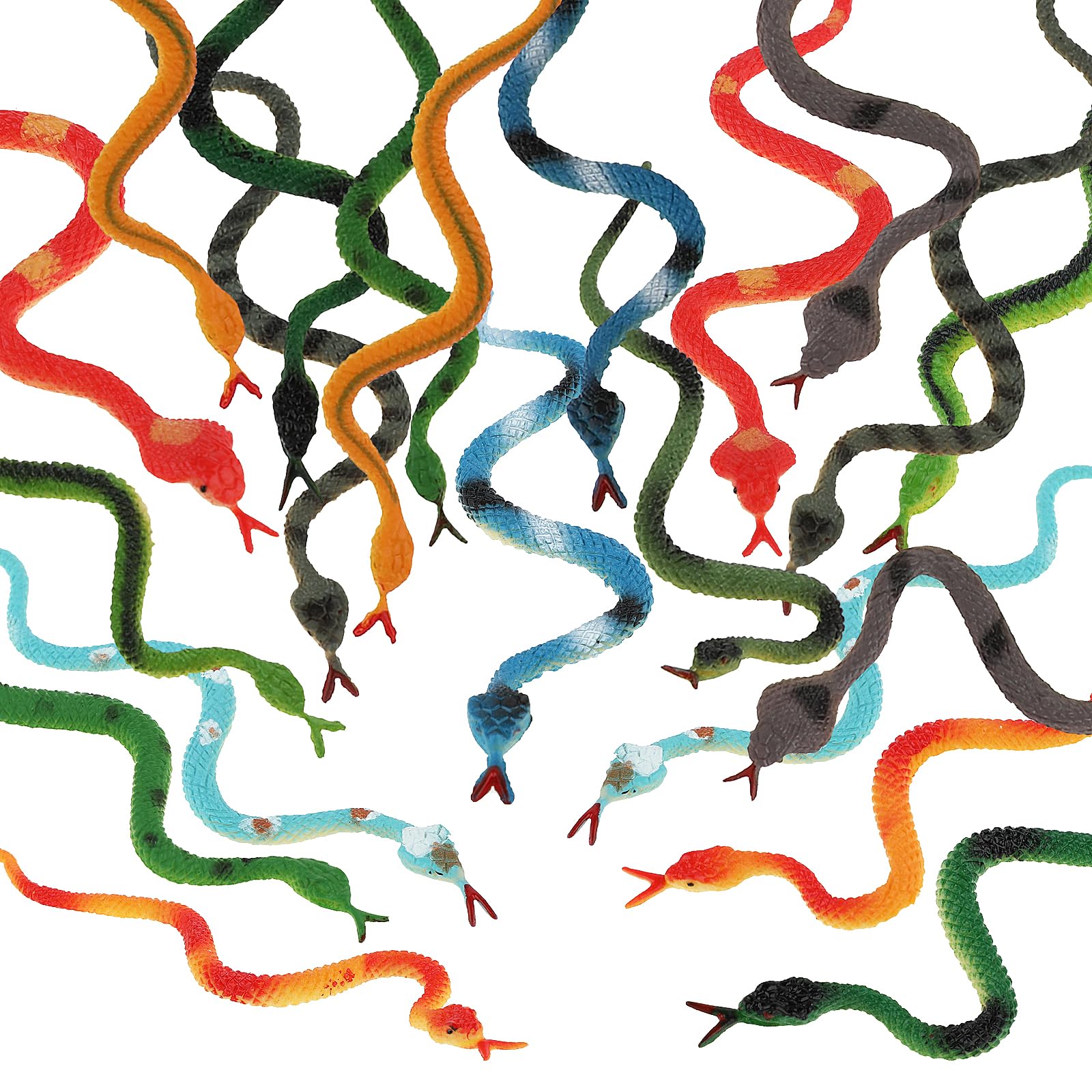 Grevosea 24 Pieces Fake Snakes, Plastic Snakes 4 Inch Rain Forest Snakes Realistic Rubber Snake Assorted Colorful Rubber Snakes for Garden Prank Prop Scare Birds Halloween Party Favors