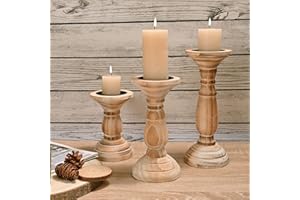 Yorkmills Pillar Candle Holder Set of 3, Farmhouse Decor Living Room Tall Candle Holders for Pillar Candles, Wood Candle Holders for Table Centerpieces Tan Home Decor Kitchen Dining Room Table Decor