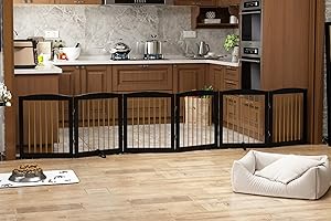 PUPETPO Freestanding Pet Gate for Dogs, Foldable Wooden Dog Gate for House, Extra Wide Dog gate, Indoor Dog Gate for Stair, Doorway, Hall, Support Feet Included, 120 Inch Wide, 6 Panels 24",Black&Gold