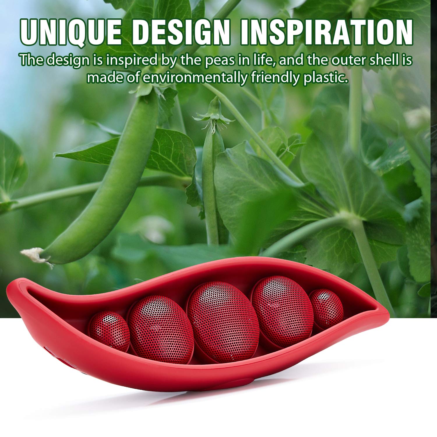 Wireless Bluetooth Speaker with Superior Stereo Sound, Exclusive Pea Appearance, 5-Watts, 24-Hour Playtime, Perfect Wireless Speaker for Home (Red)