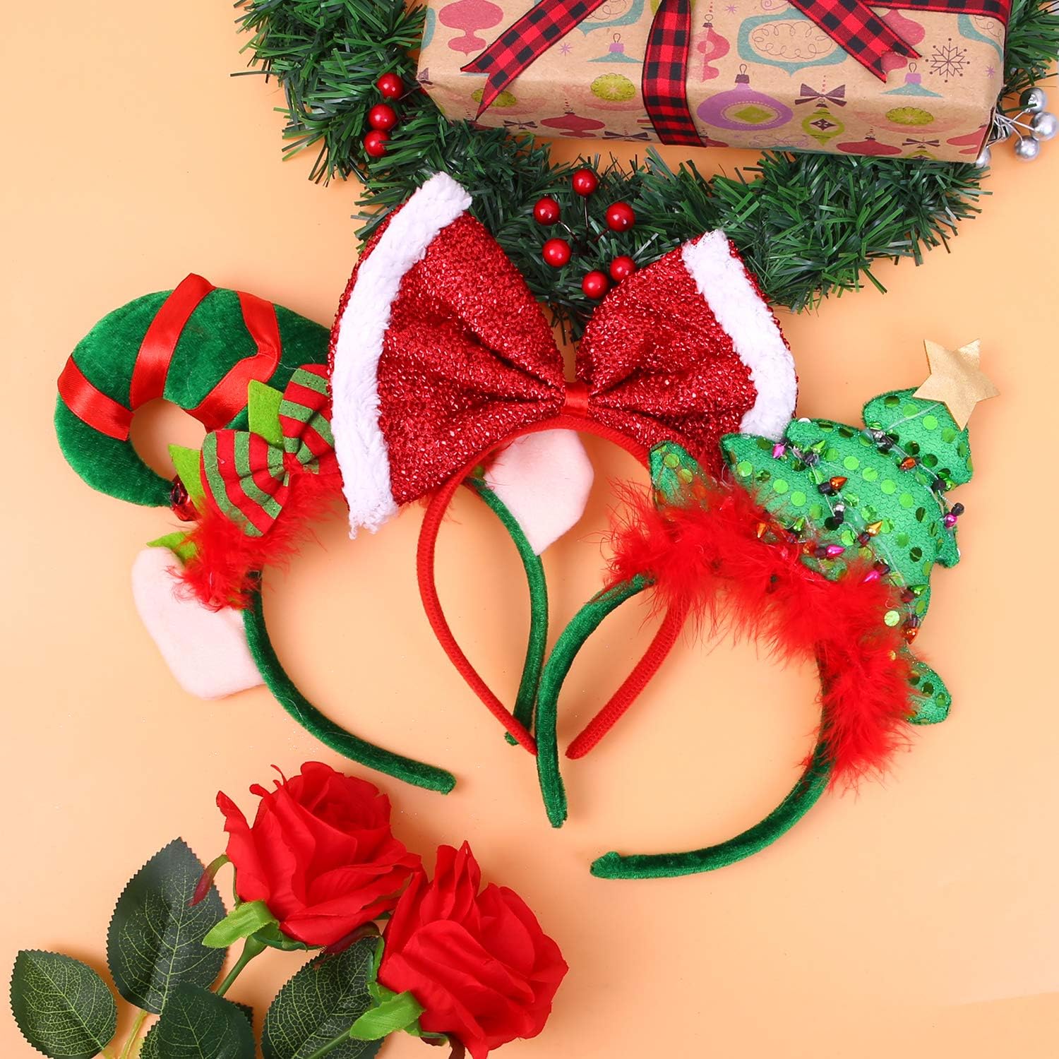 Ruisita 6 Pack Christmas Headbands Buffalo Plaid Reindeer Headbands Christmas Hats Elves Headbands for Holiday Decoration - Image 5