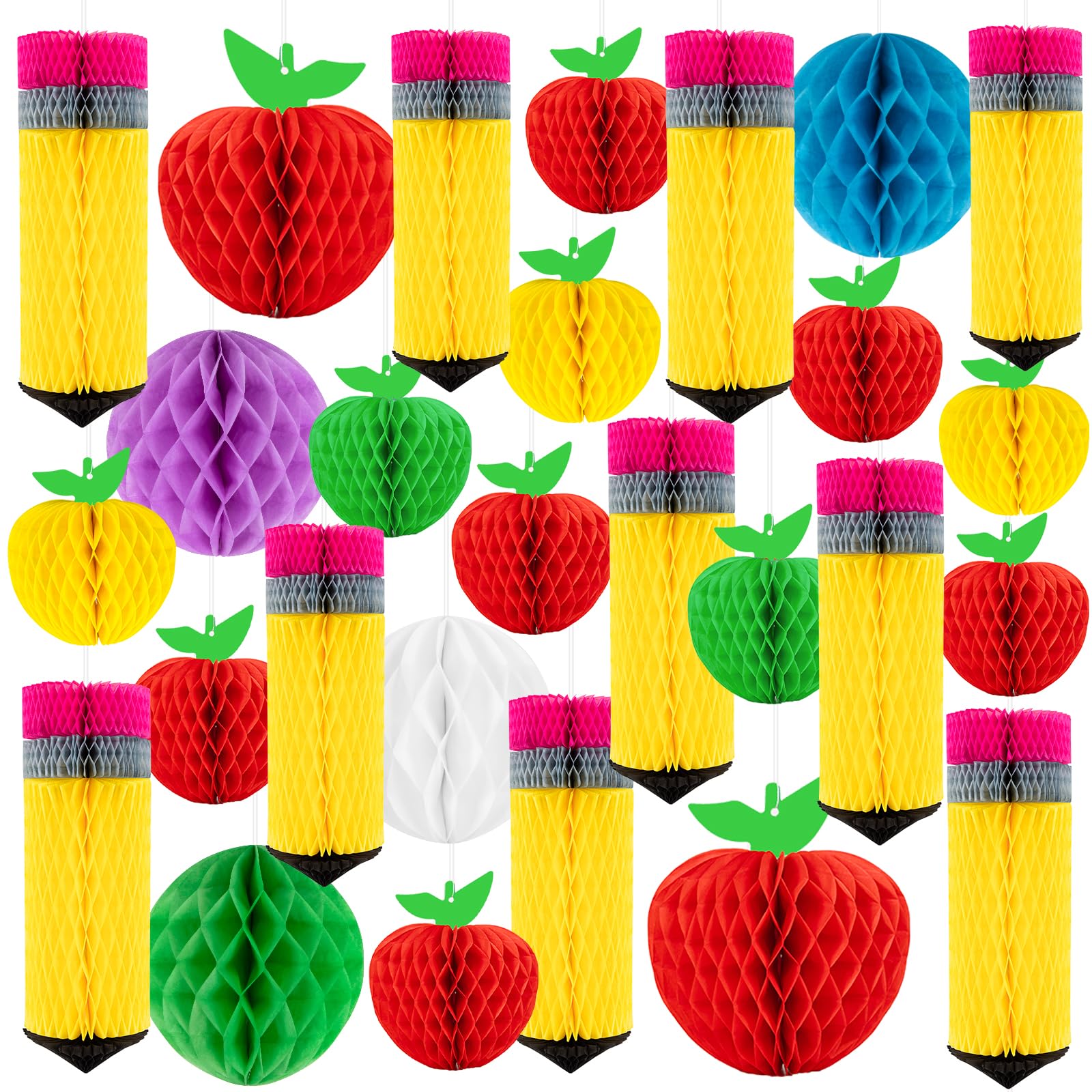 Photo 1 of 27Pcs Pencil Apple-Shaped Hanging Honeycomb Balls Welcome Back to School Classroom Decorations for Teacher Appreciation Week First Day of School Party Supplies Decor