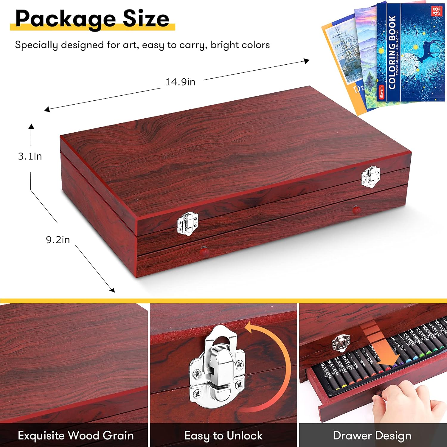 Art Supplies, iBayam 150-Pack Deluxe Wooden Art Set Crafts Drawing Painting Kit with 1 Coloring Book, 2 Sketch Pads, Creative Gift Box for Adults Artist Beginners Kids Girls Boys 5 6 7 8 9 10 11 12